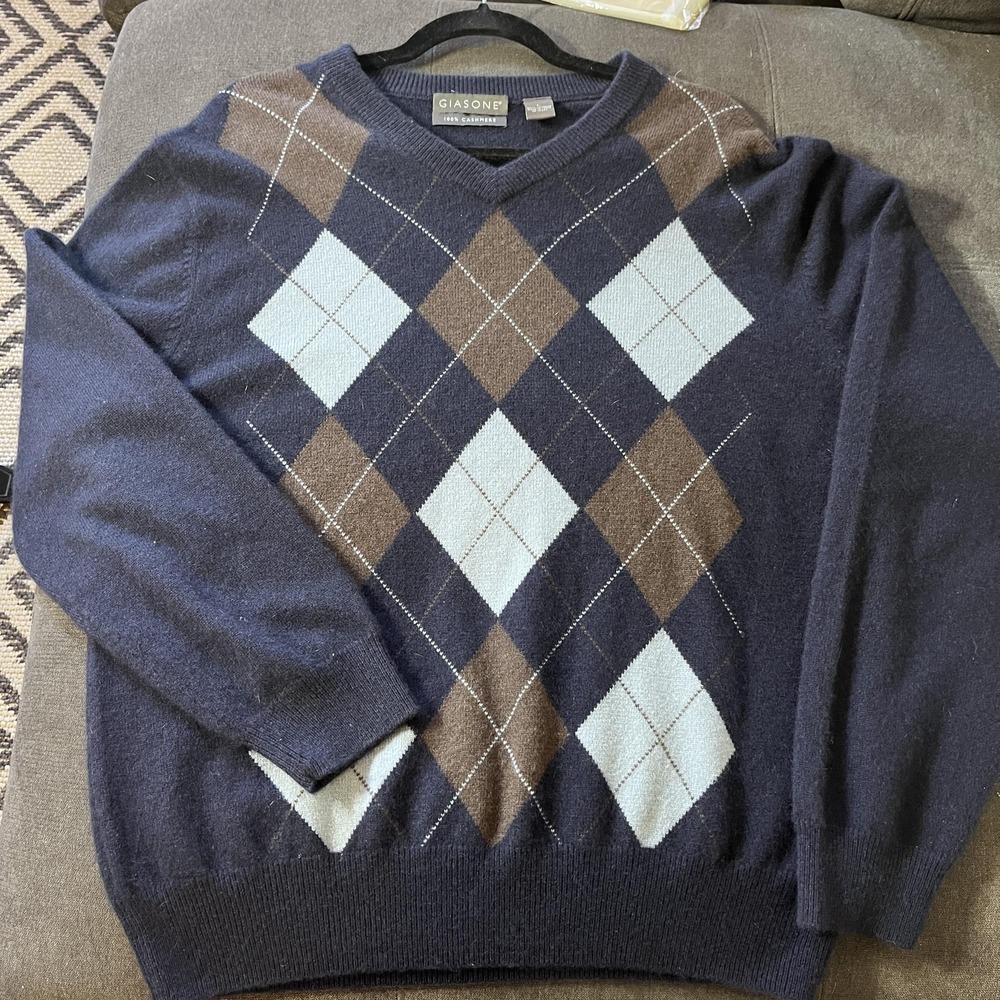Giasone Sweater Mens Large Navy Argyle 100% Cashmere V Neck Preppy Academia - Picture 5 of 8